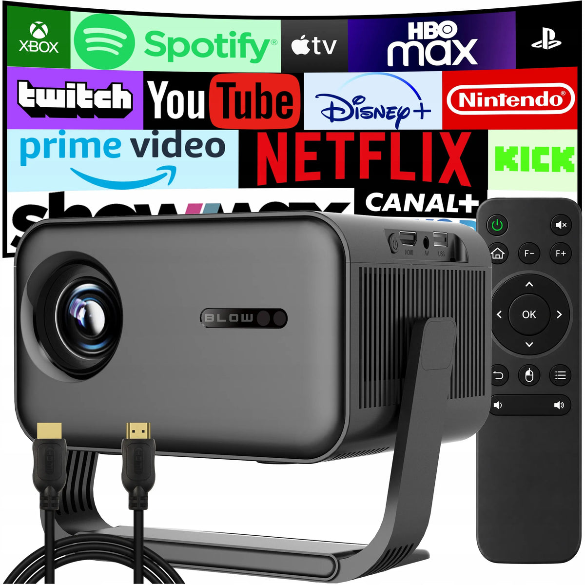 BLOW MaxView pasukamas LED projektorius su garsiakalbiu, „Android Smart TV“, „Wi-Fi“, Full HD ir HDMI