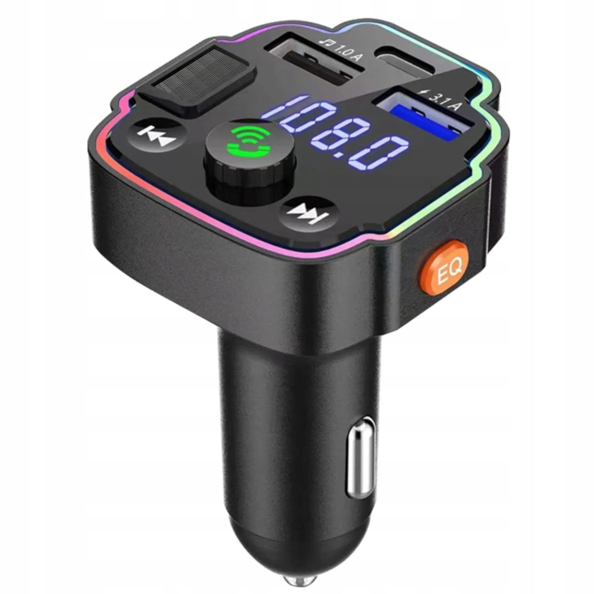 BLUETOOTH 5.0 FM siųstuvas, QC 3.0 PD 20W RGB įkroviklis, 2x USB, USB-C