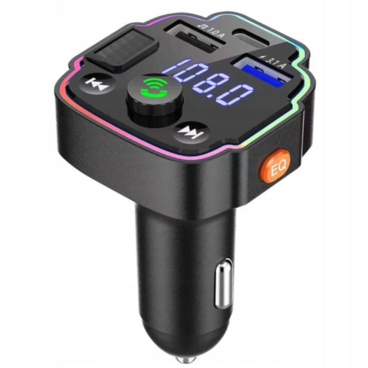 BLUETOOTH 5.0 FM siųstuvas, QC 3.0 PD 20W RGB įkroviklis, 2x USB, USB-C