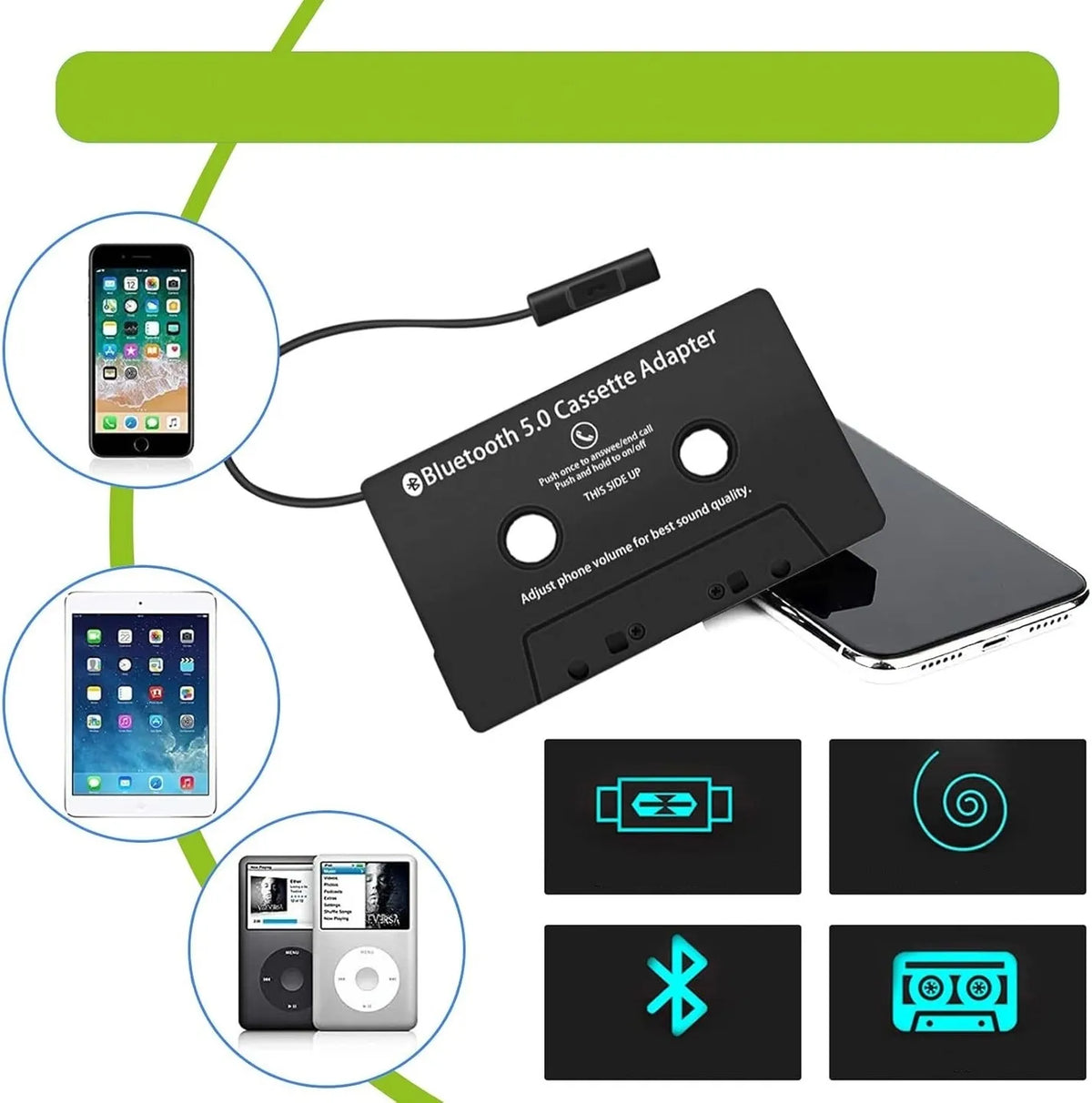 BLUETOOTH 5.0 kasetinis adapteris-konverteris