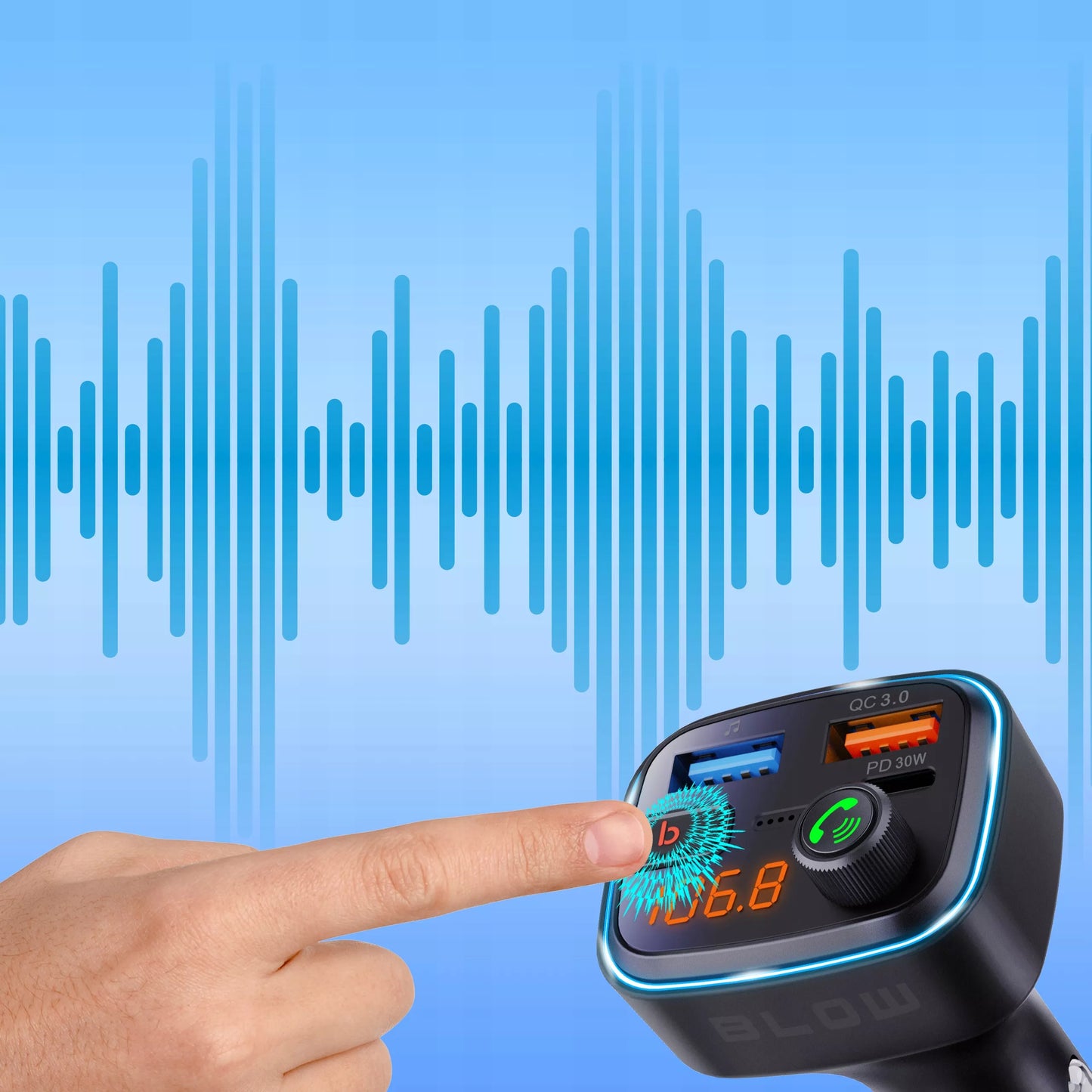 BLUETOOTH 5.3 FM siųstuvas QC 3.0 PD30W stiprus bosas įkroviklis mikrofonas