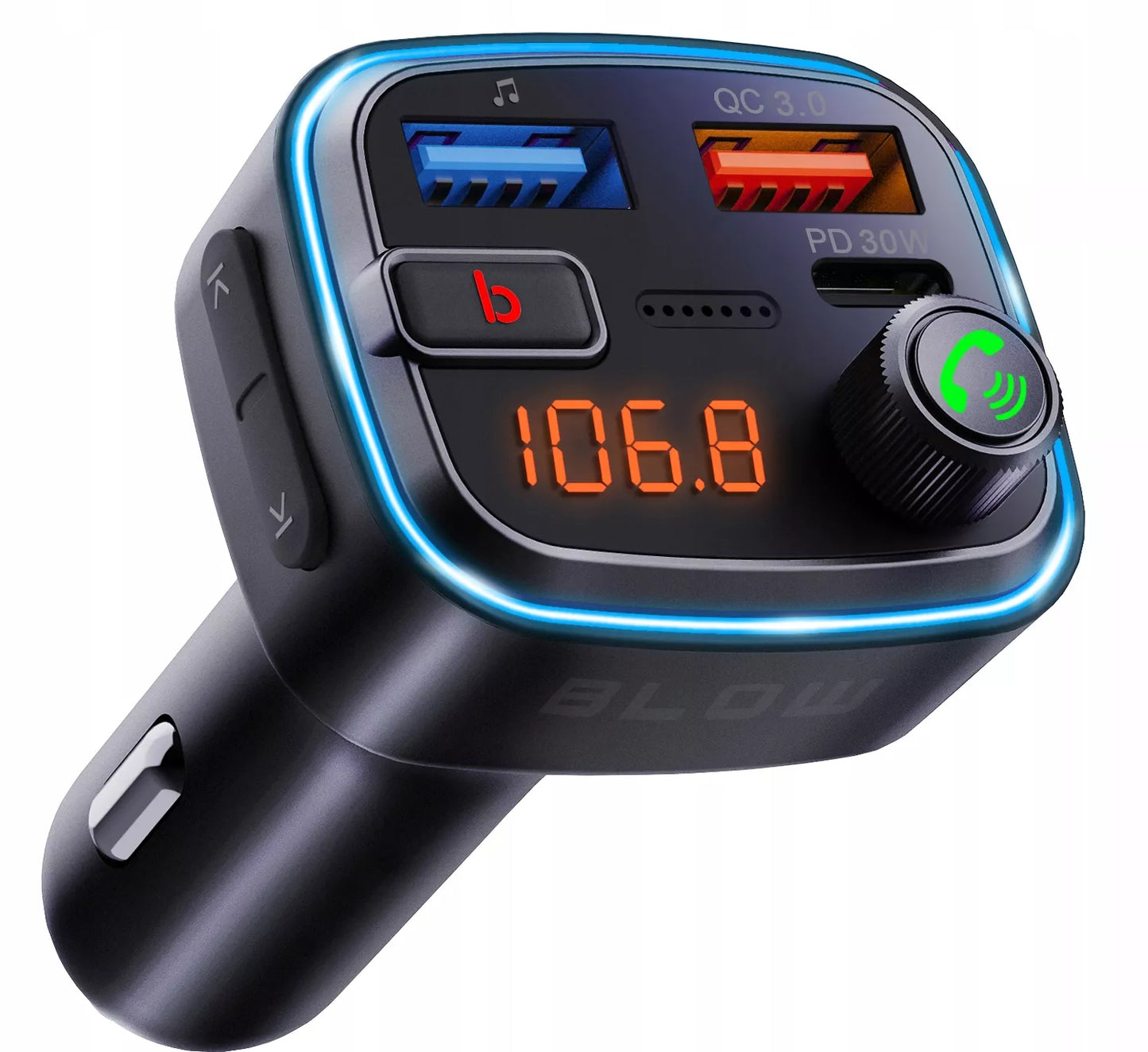 BLUETOOTH 5.3 FM siųstuvas QC 3.0 PD30W stiprus bosas įkroviklis mikrofonas