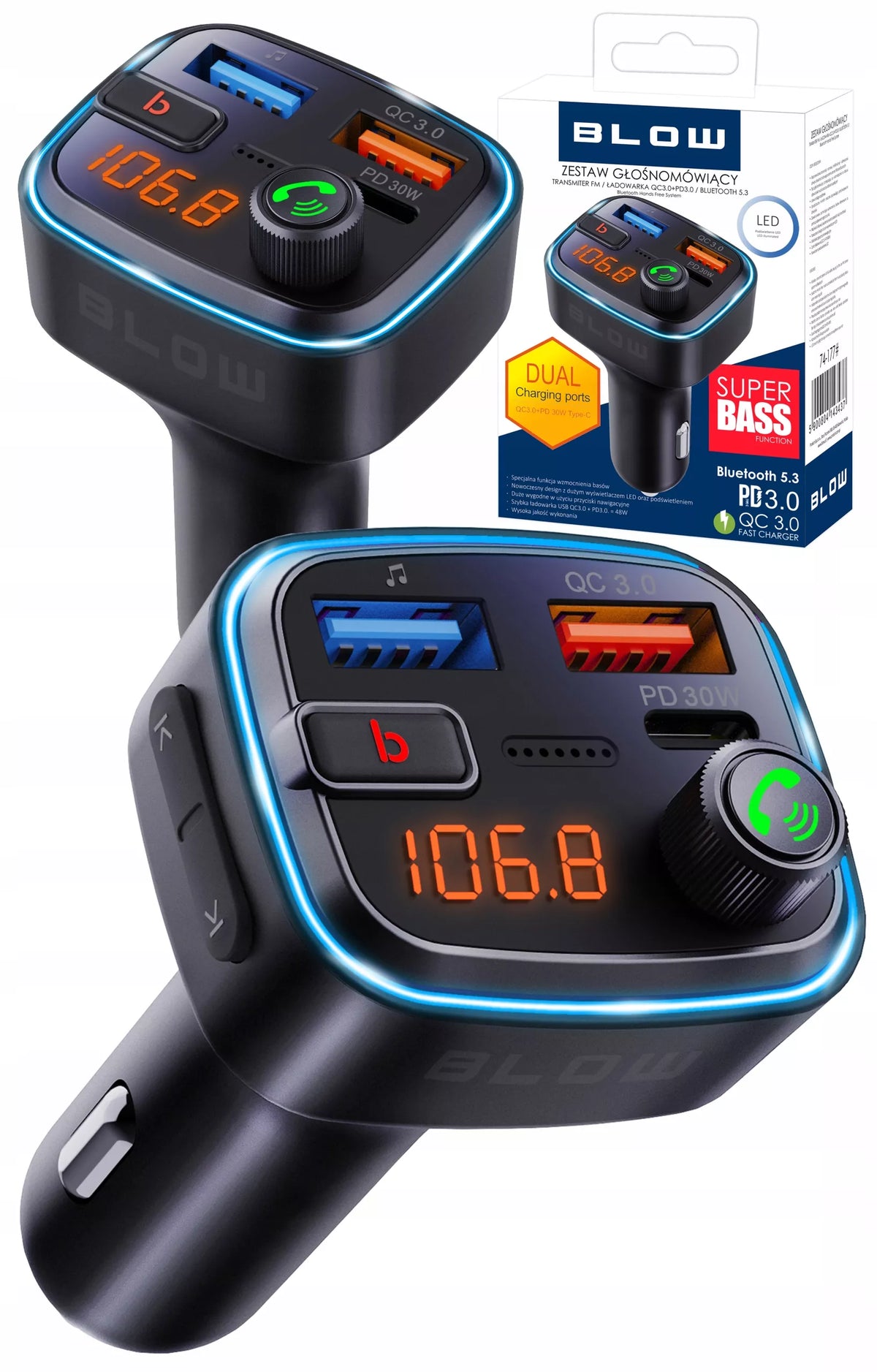 BLUETOOTH 5.3 FM siųstuvas QC 3.0 PD30W stiprus bosas įkroviklis mikrofonas