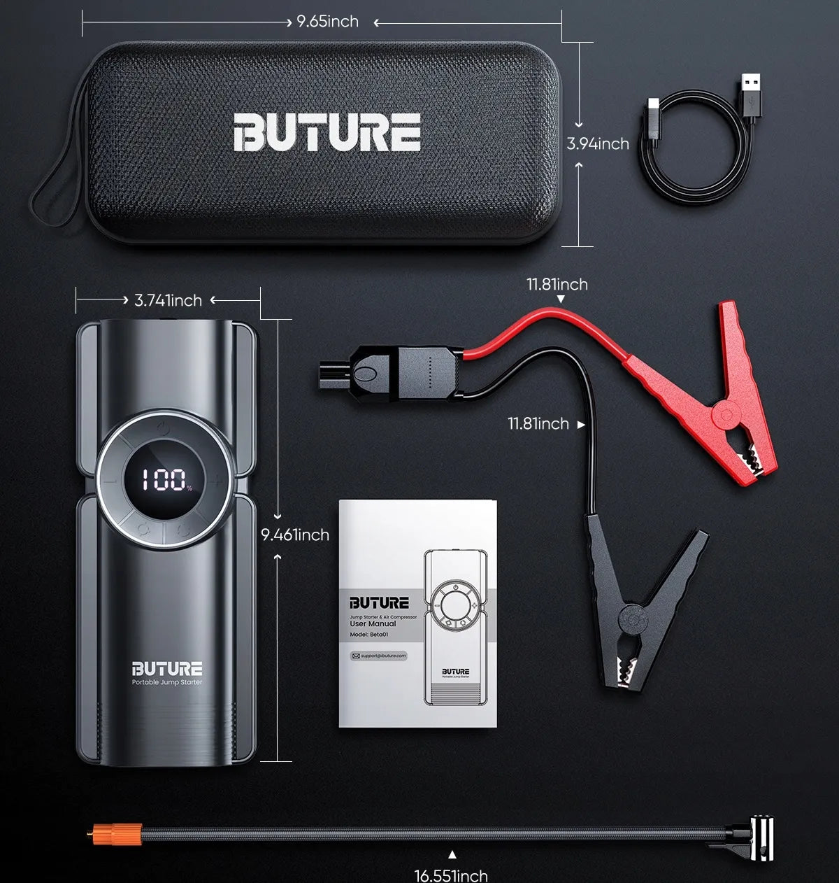 Buture BETA01 4 viename šuolinis paleidiklis, „powerbank“, kompresorius 2500 A