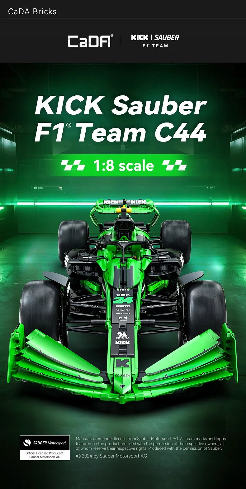 CaDA „Kick Sauber“ F1 lenktyninio automobilio konstravimo kaladėlės, 2553 detalės