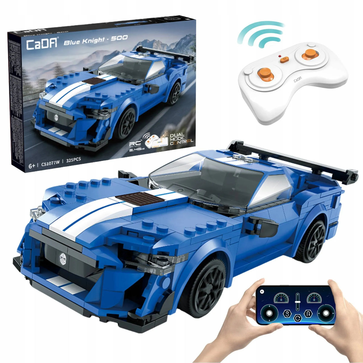 CaDA nuotoliniu būdu valdomas lenktyninis automobilis „Blue Knight 500“ RC Dual Mode, 325 dalių