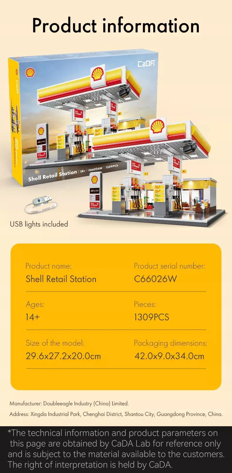 CaDA Shell degalinės konstruktorius, 1309 detalės, LED apšvietimas