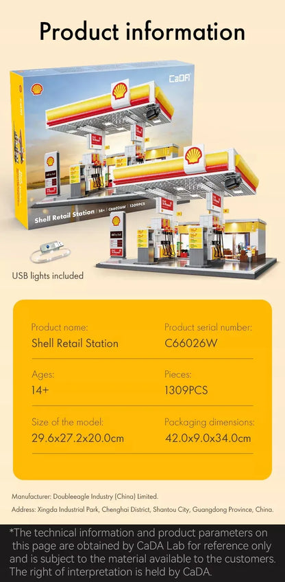 CaDA Shell degalinės konstruktorius, 1309 detalės, LED apšvietimas