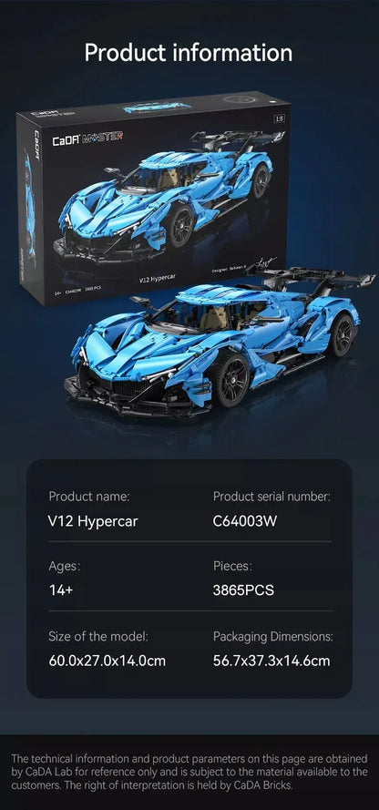 CaDA V12 Hypercar sportinio automobilio konstruktorius, 3865 detalės, 60 cm