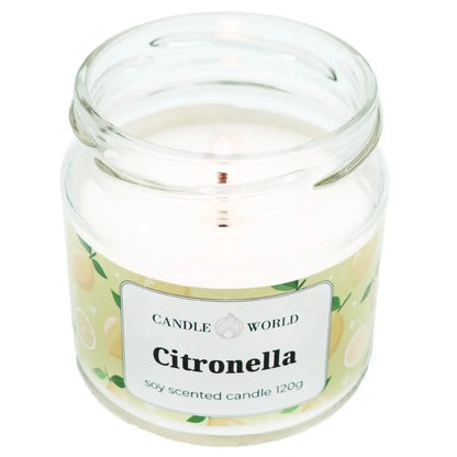 Candle World sojinė kvapioji žvakė nuo uodų Citronella stiklainyje 120 g