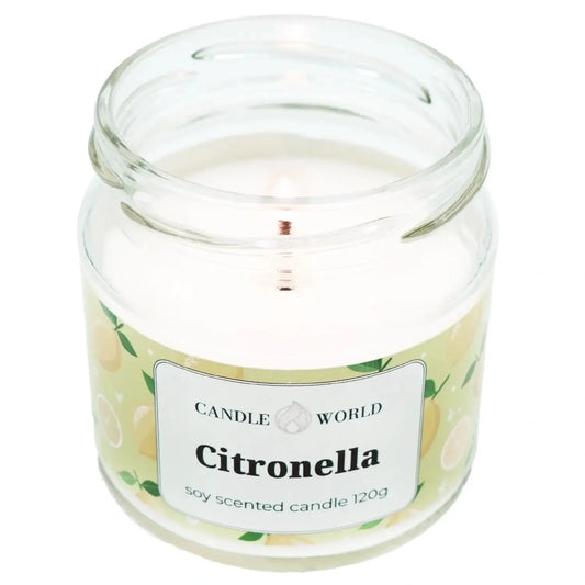Candle World sojinė kvapioji žvakė nuo uodų Citronella stiklainyje 120 g