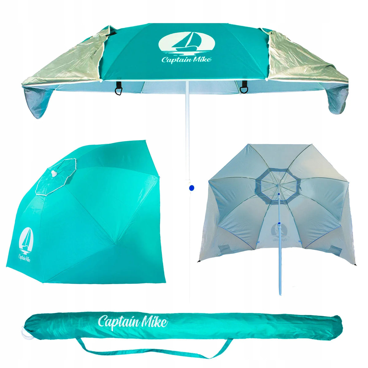 Captain Mike paplūdimio skėtis su ventiliacija, dėklu ir UV UPF50+ filtru, 180 cm