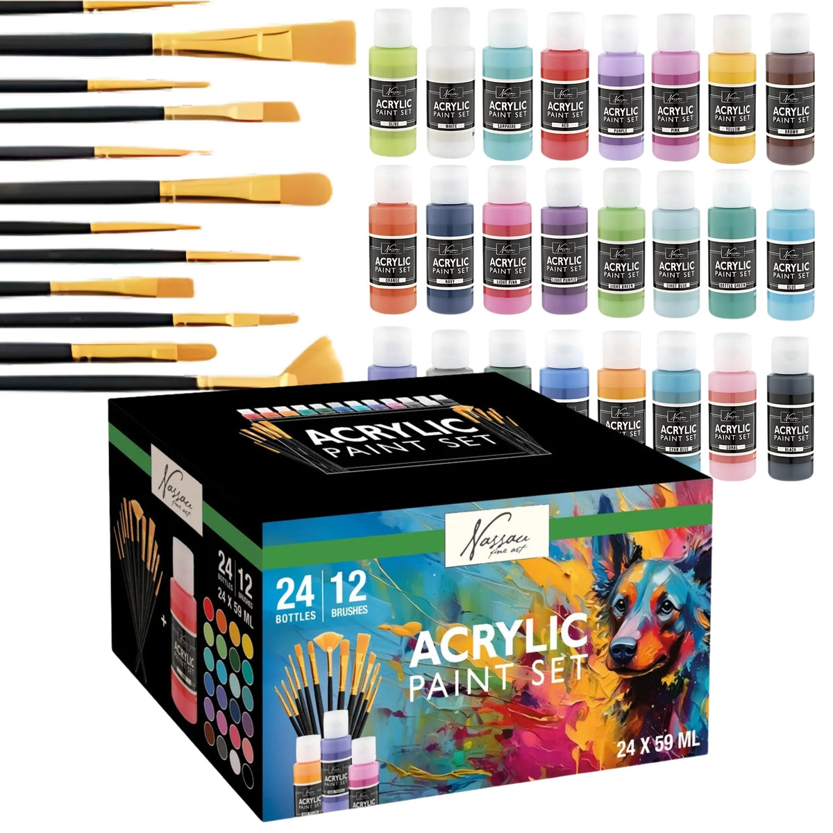 „Craft Sensations“ akrilinių dažų rinkinys, 24 × 59 ml, su 12 teptukų, 36 dalių