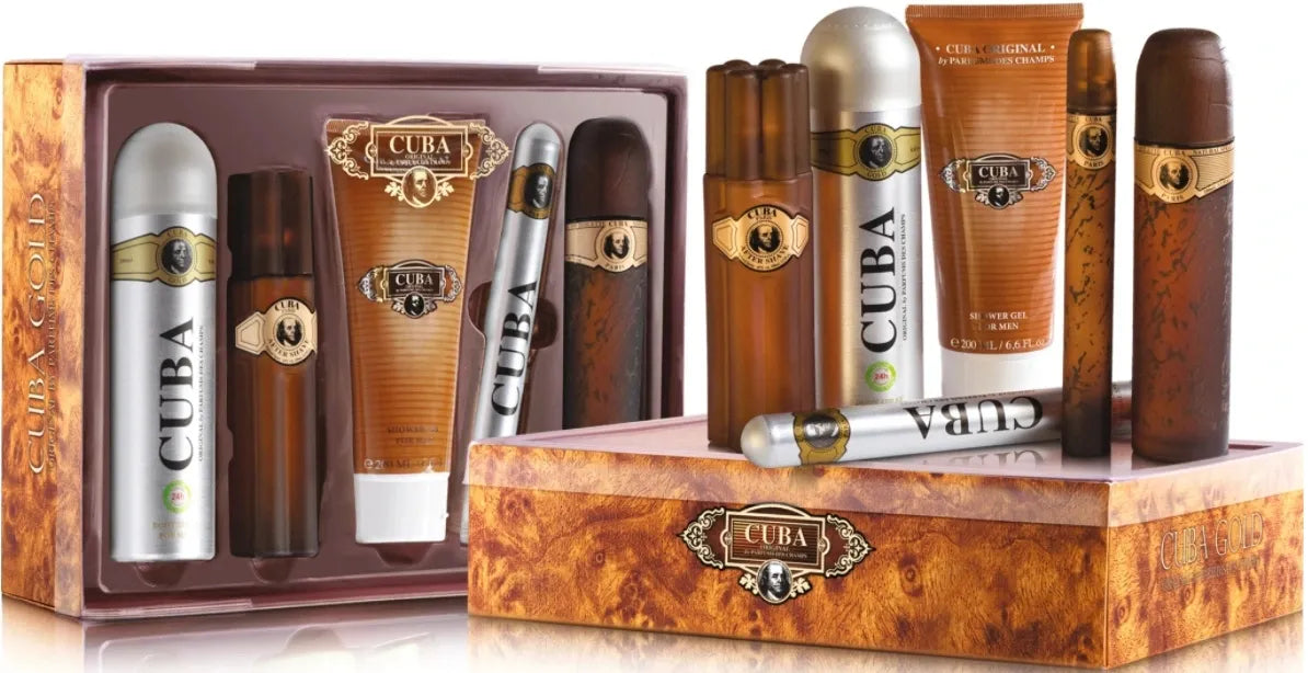 Cuba Original Cuba Gold Must Have vyriškas rinkinys: tualetinis vanduo 100 ml ir 35 ml, dezodorantas 200 ml, dušo želė 200 ml, vanduo po skutimosi 100 ml