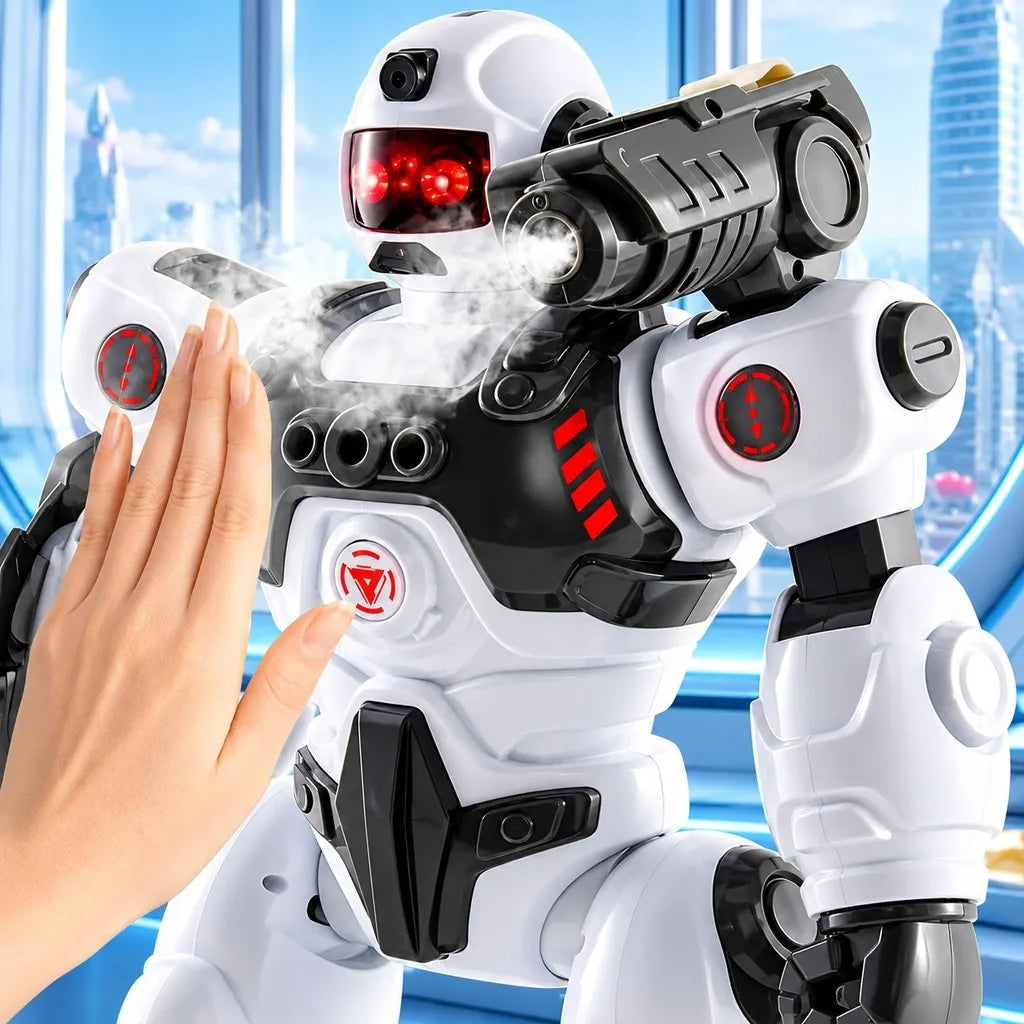 Daugiafunkcis nuotoliniu būdu valdomas robotas, šaudantis strėlytėmis ir skleidžiantis garų efektą, su pultu ir programavimo funkcija