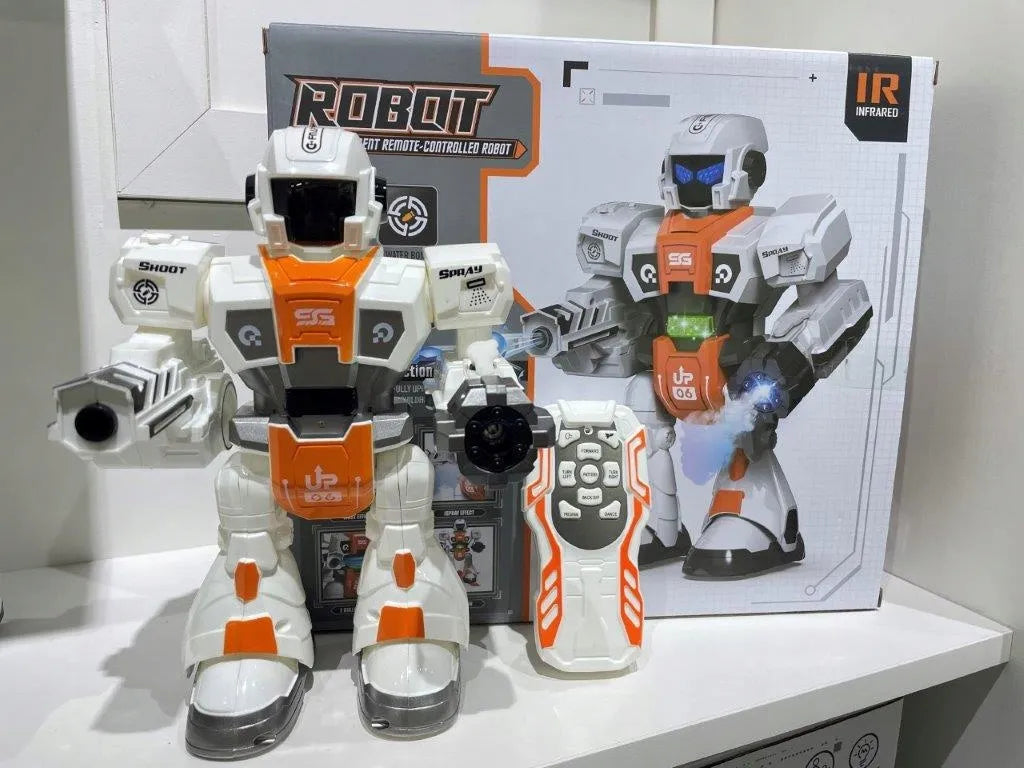 Daugiafunkcis nuotoliniu būdu valdomas robotas, šaudo strėlytėmis, skleidžia garus ir šoka