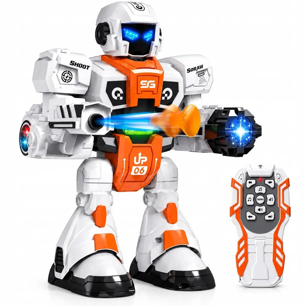Daugiafunkcis nuotoliniu būdu valdomas robotas, šaudo strėlytėmis, skleidžia garus ir šoka