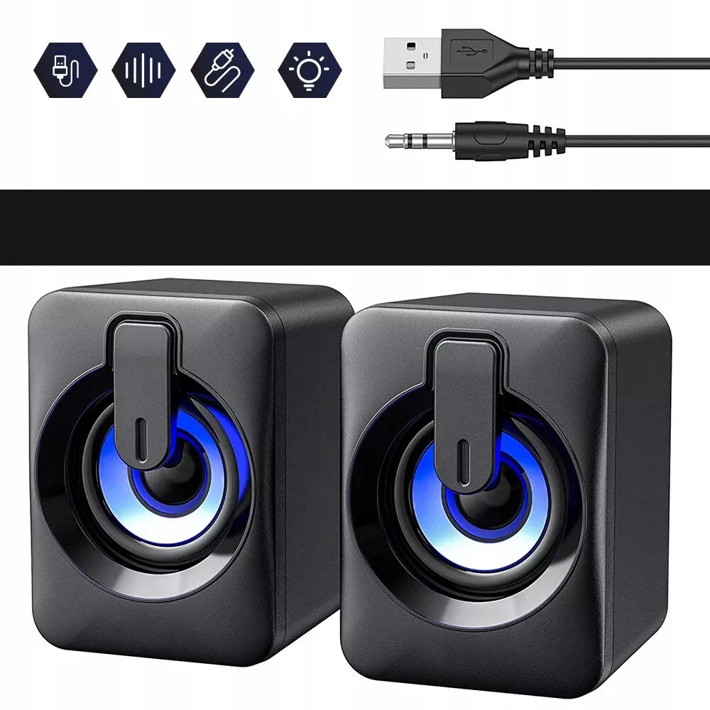 USB 2.0 KOMPIUTERINĖS GARSIAKALBĖS PC NEŠIOJAMAM KOMPIUTERIUI TELEVIZORIUI RGB LED AUX 2x