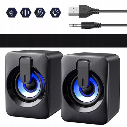 USB 2.0 KOMPIUTERINĖS GARSIAKALBĖS PC NEŠIOJAMAM KOMPIUTERIUI TELEVIZORIUI RGB LED AUX 2x