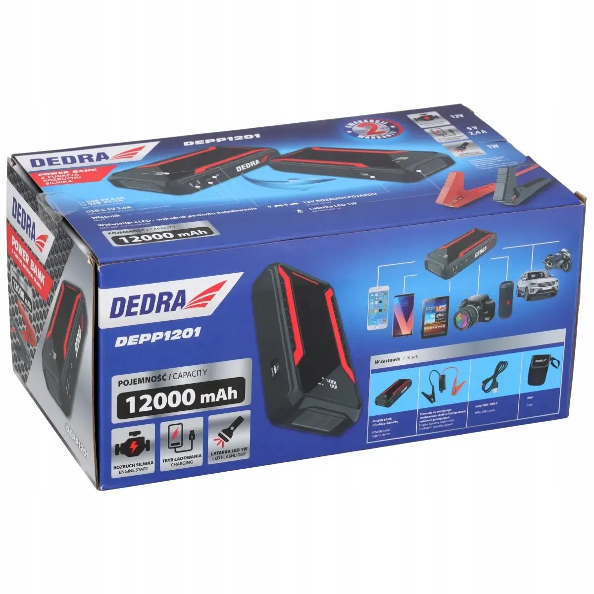 DEDRA automobilio užvedimo įrenginys „Jump Starter“, 12 000 mAh, USB-C, LED žibintuvėlis
