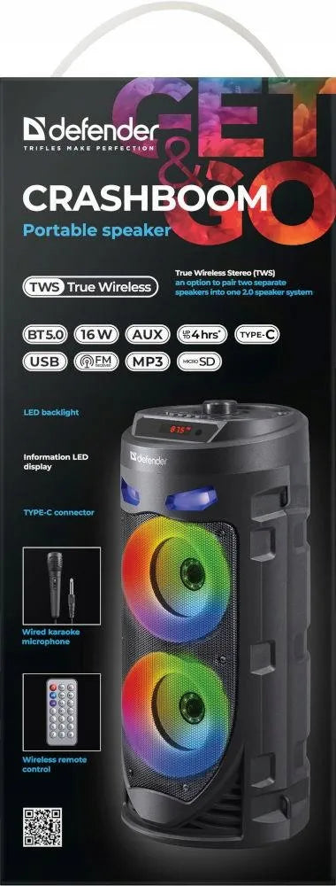 Defender CRASHBOOM 16 W „Bluetooth“ kolonėlė su karaoke, MP3, FM radiju, SD, AUX, TWS ir LED apšvietimu