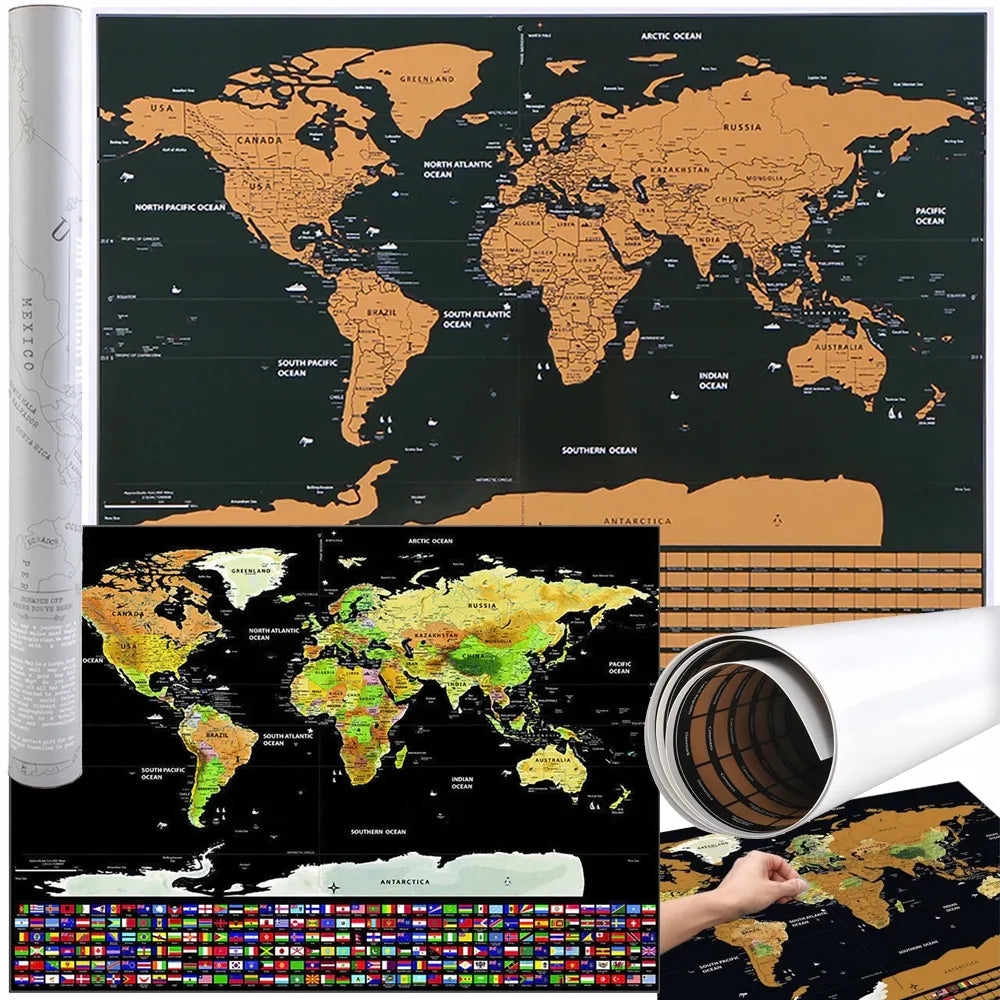 Dekoracinis pasaulio žemėlapis-nutrinamas sluoksnis tūbelėje su vėliavomis ir geografinėmis detalėmis