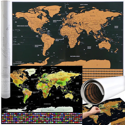 Dekoracinis pasaulio žemėlapis-nutrinamas sluoksnis tūbelėje su vėliavomis ir geografinėmis detalėmis