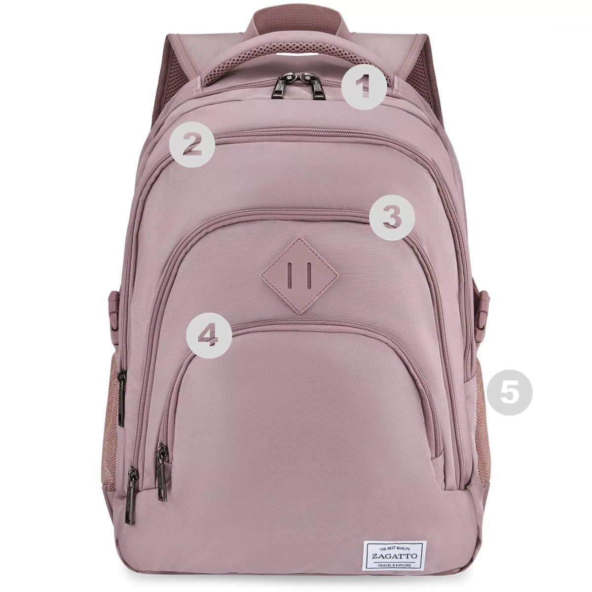 Didelė rožinė moteriška kuprinė mokyklai talpi su skyriumi 17" nešiojamam kompiuteriui ZAGATTO