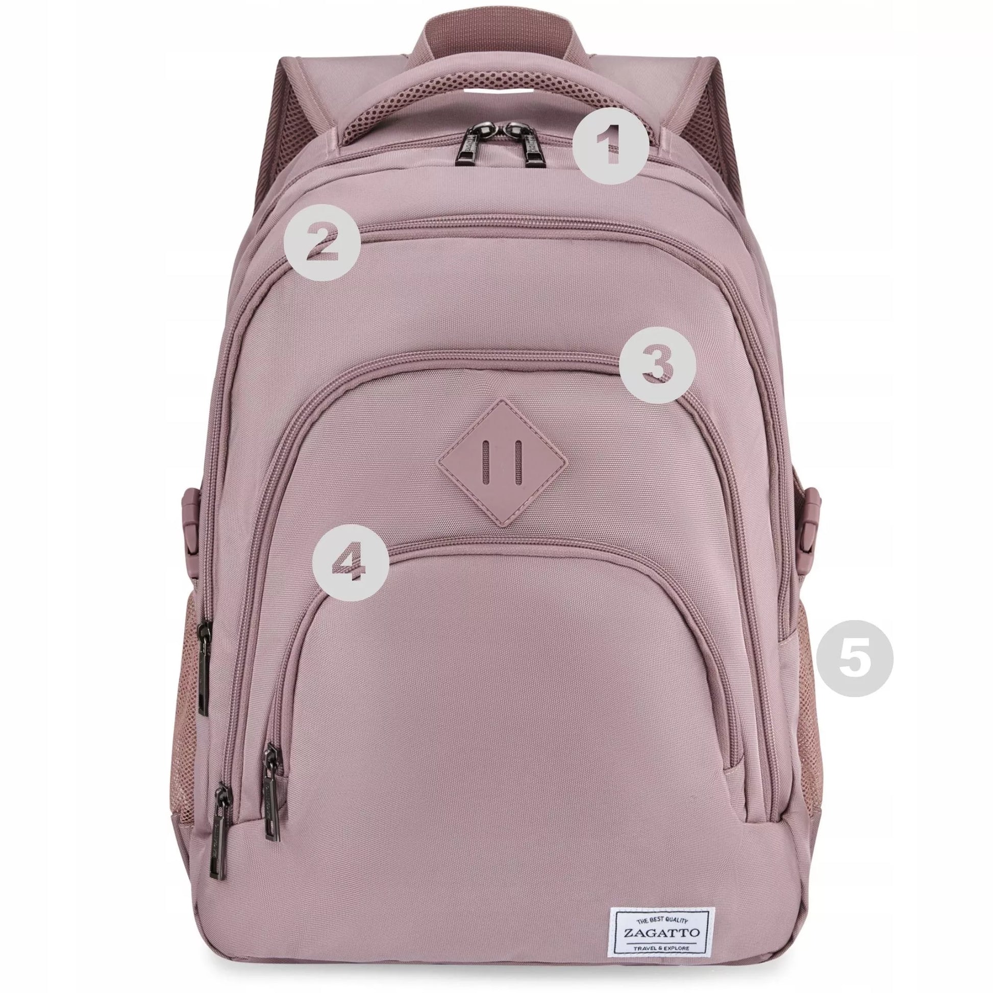 Didelė rožinė moteriška kuprinė mokyklai talpi su skyriumi 17" nešiojamam kompiuteriui ZAGATTO
