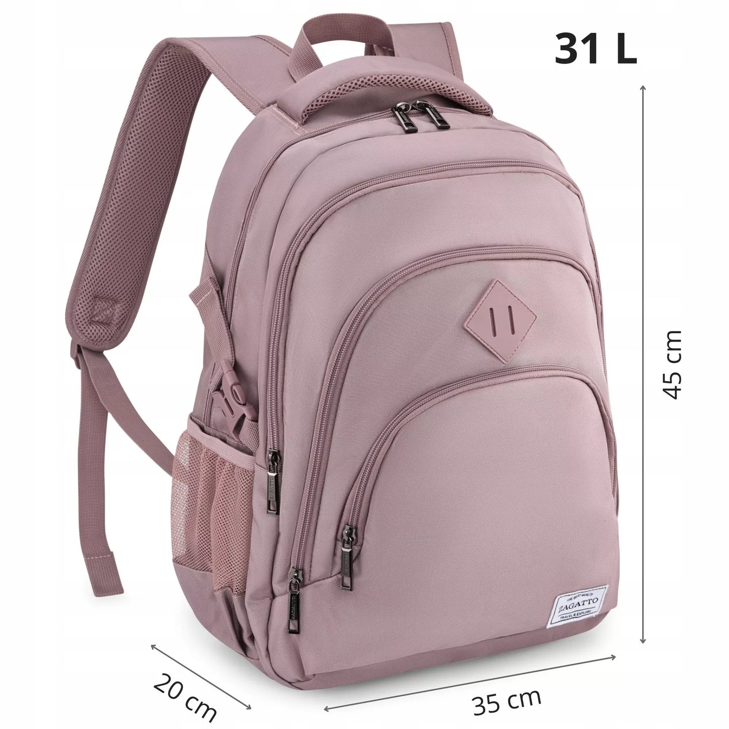 Didelė rožinė moteriška kuprinė mokyklai talpi su skyriumi 17" nešiojamam kompiuteriui ZAGATTO