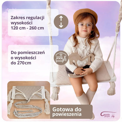Didelės medinės vaikiškos sūpynės namams, dygsniuotos, SMĖLINĖS