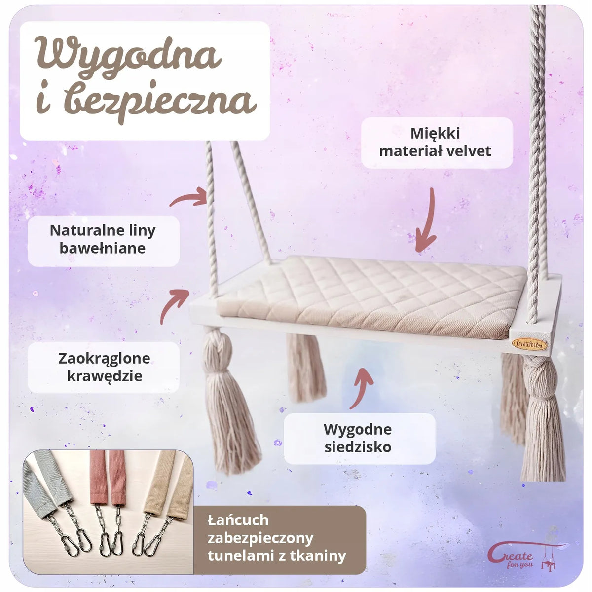 Didelės medinės vaikiškos sūpynės namams, dygsniuotos, SMĖLINĖS
