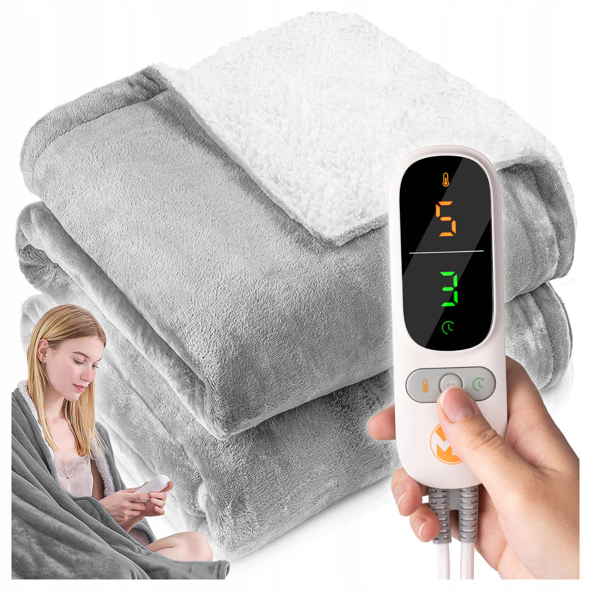 Didelis elektrinis pledas Maltec CozyHeat160W, 180 × 160 cm, dvivietis, minkštas, su laikmačiu ir valdymo pulteliu
