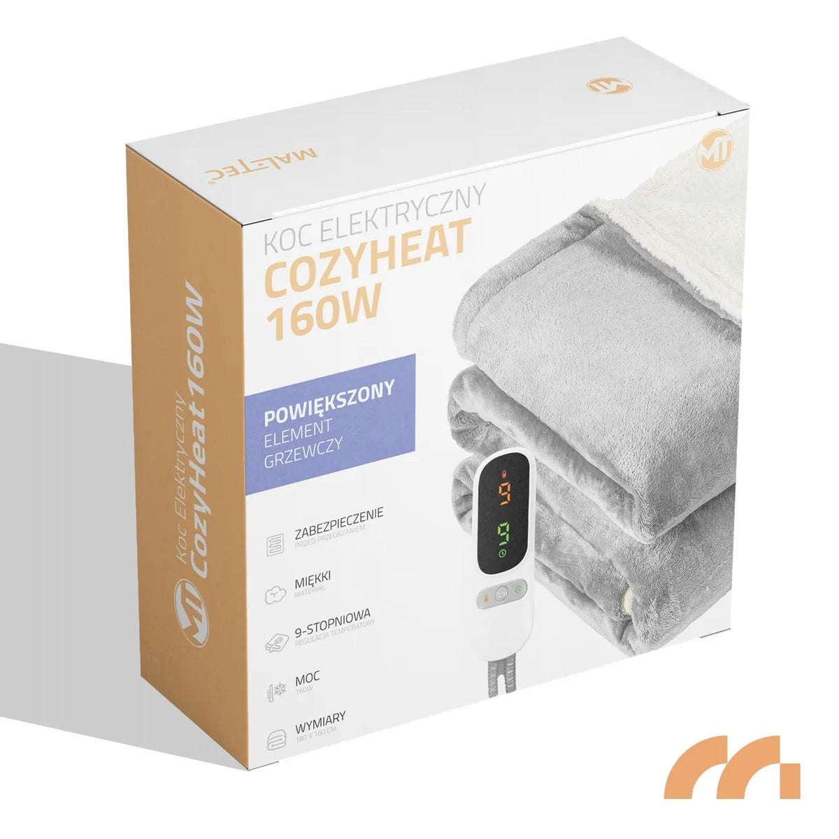Didelis elektrinis pledas Maltec CozyHeat160W, 180 × 160 cm, dvivietis, minkštas, su laikmačiu ir valdymo pulteliu