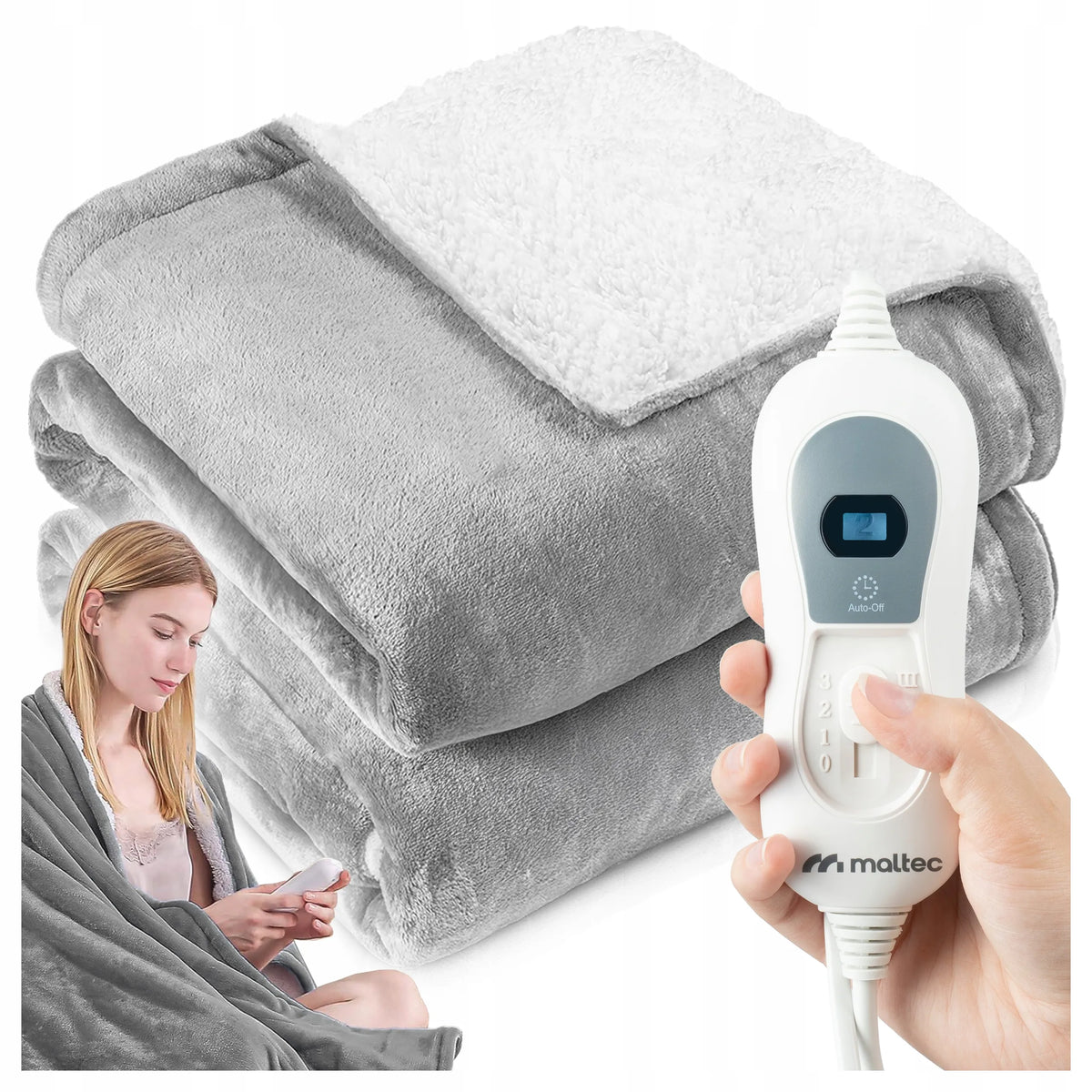 Didelis elektrinis šildomasis pledas Maltec CozyHeat120W Grey, 180 × 130 cm, su laikmačiu ir valdikliu