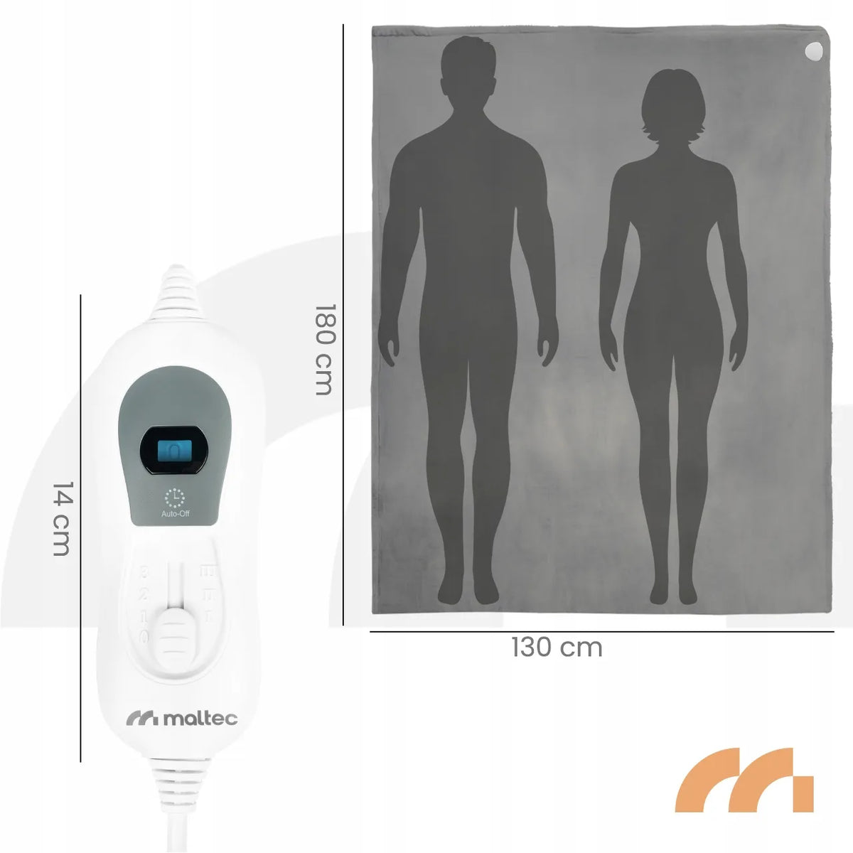 Didelis elektrinis šildomasis pledas Maltec CozyHeat120W Grey, 180 × 130 cm, su laikmačiu ir valdikliu