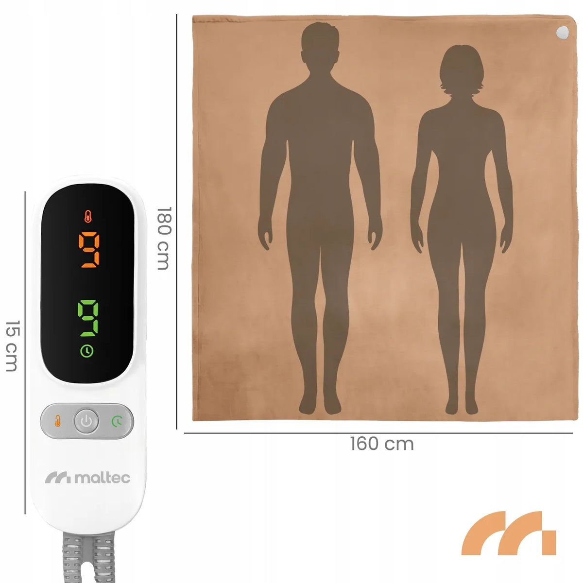 Didelis elektrinis šildomasis pledas Maltec CozyHeat160W Beige, 180 × 160 cm, 160 W, su laikmačiu ir valdikliu