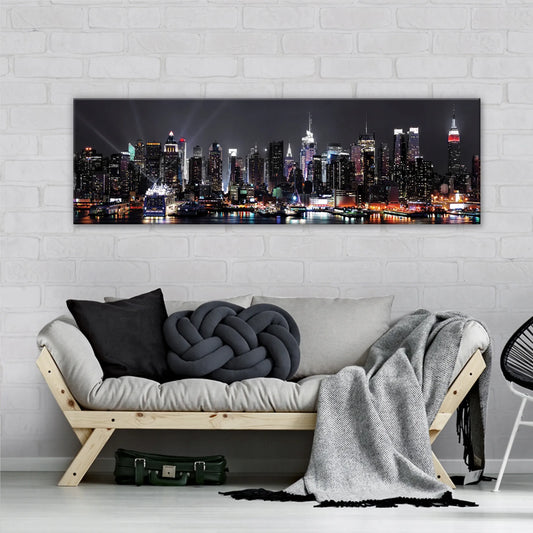 Didelis modernus paveikslas svetainei ir miegamajam „Miestas naktį, tiltas“ ant sienos, 145 × 45 cm