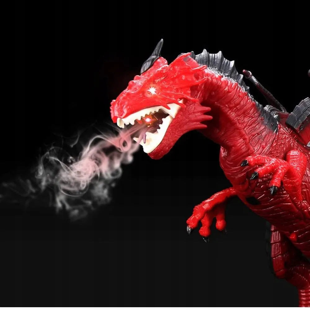 Didelis ugnimi spjaudantis drakonas dinozauras, valdomas pulteliu, riaumoja, vaikšto ir purškia garus