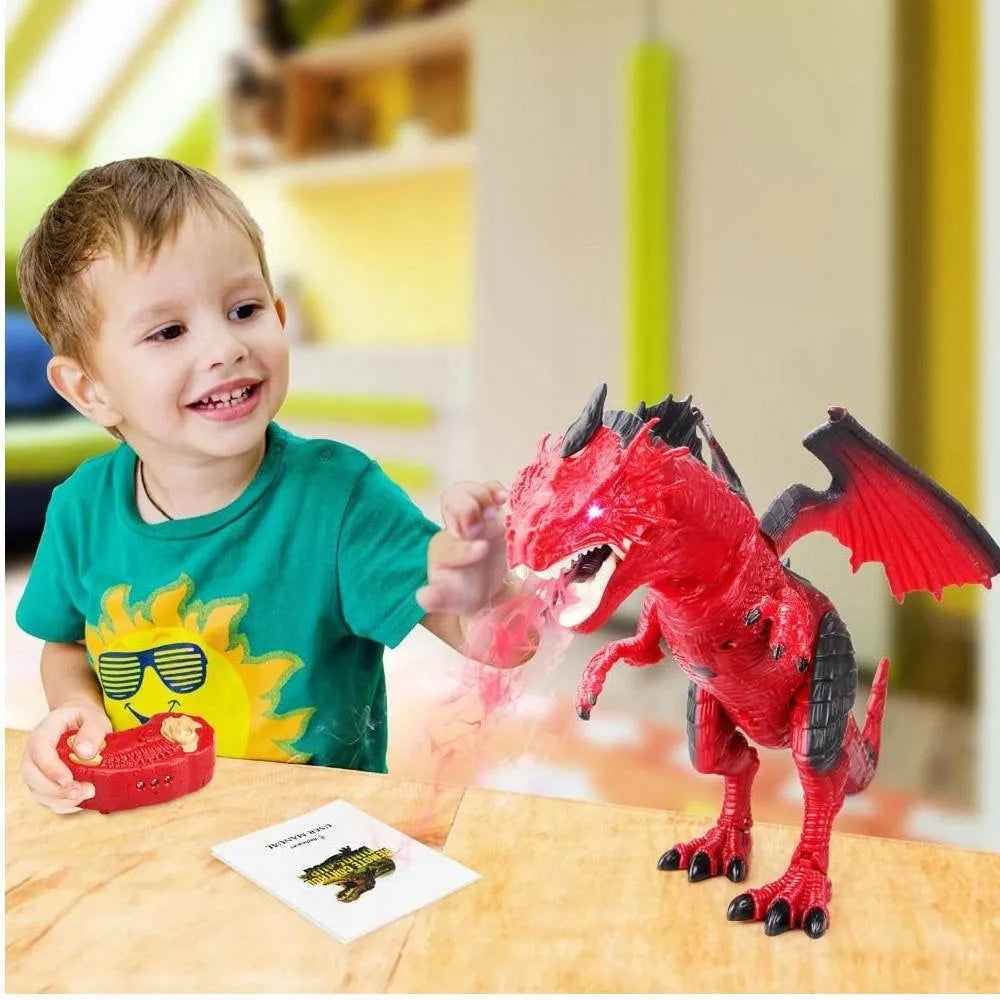 Didelis ugnimi spjaudantis drakonas dinozauras, valdomas pulteliu, riaumoja, vaikšto ir purškia garus