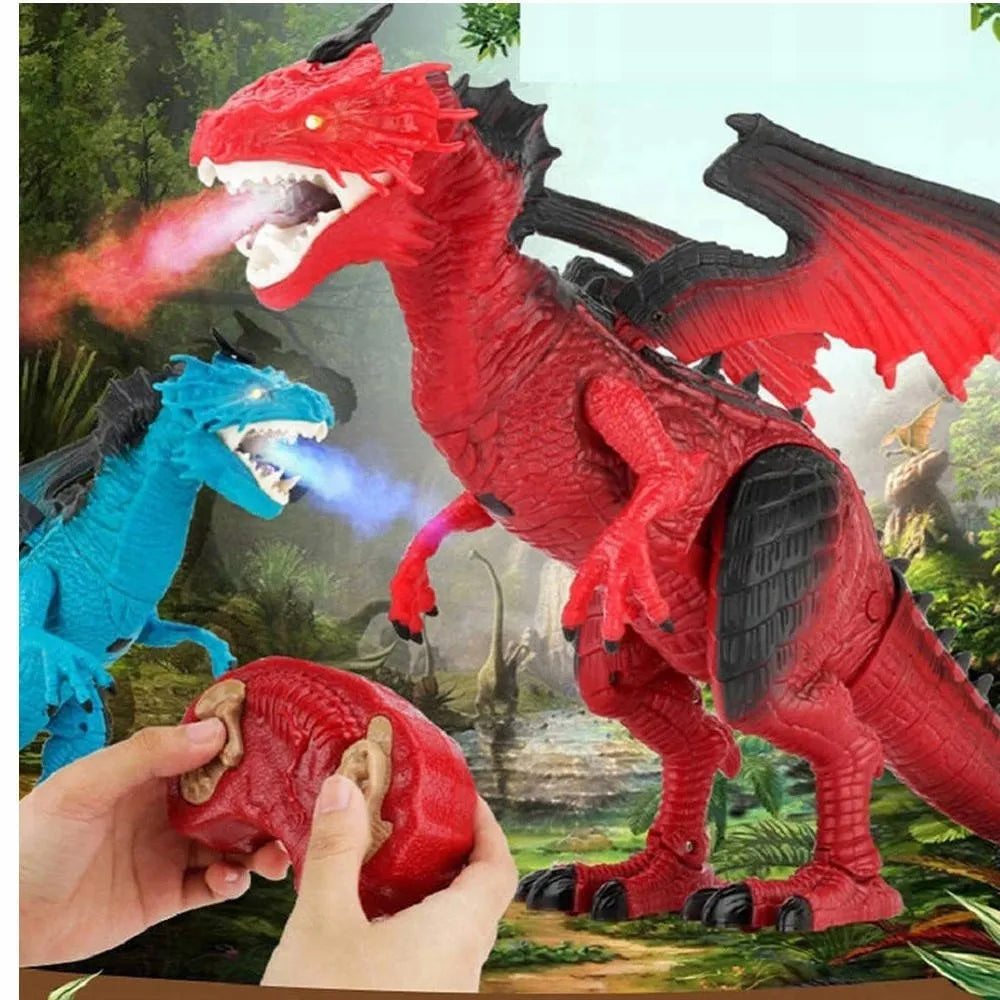 Didelis ugnimi spjaudantis drakonas dinozauras, valdomas pulteliu, riaumoja, vaikšto ir purškia garus