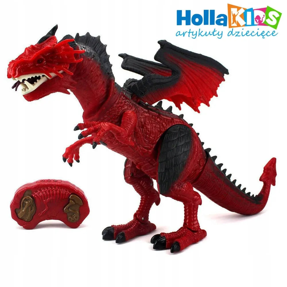 Didelis ugnimi spjaudantis drakonas dinozauras, valdomas pulteliu, riaumoja, vaikšto ir purškia garus