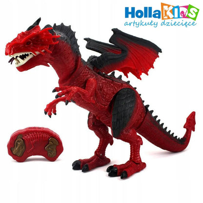 Didelis ugnimi spjaudantis drakonas dinozauras, valdomas pulteliu, riaumoja, vaikšto ir purškia garus
