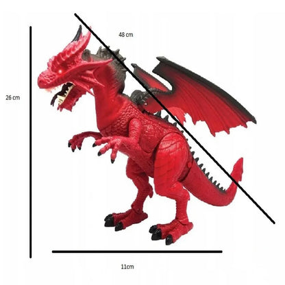 Didelis ugnimi spjaudantis drakonas dinozauras, valdomas pulteliu, riaumoja, vaikšto ir purškia garus