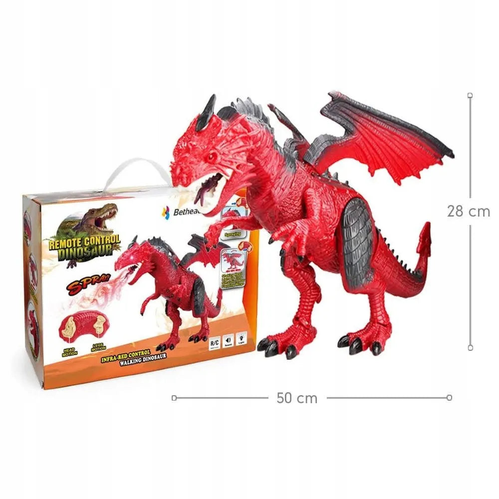 Didelis ugnimi spjaudantis drakonas dinozauras, valdomas pulteliu, riaumoja, vaikšto ir purškia garus