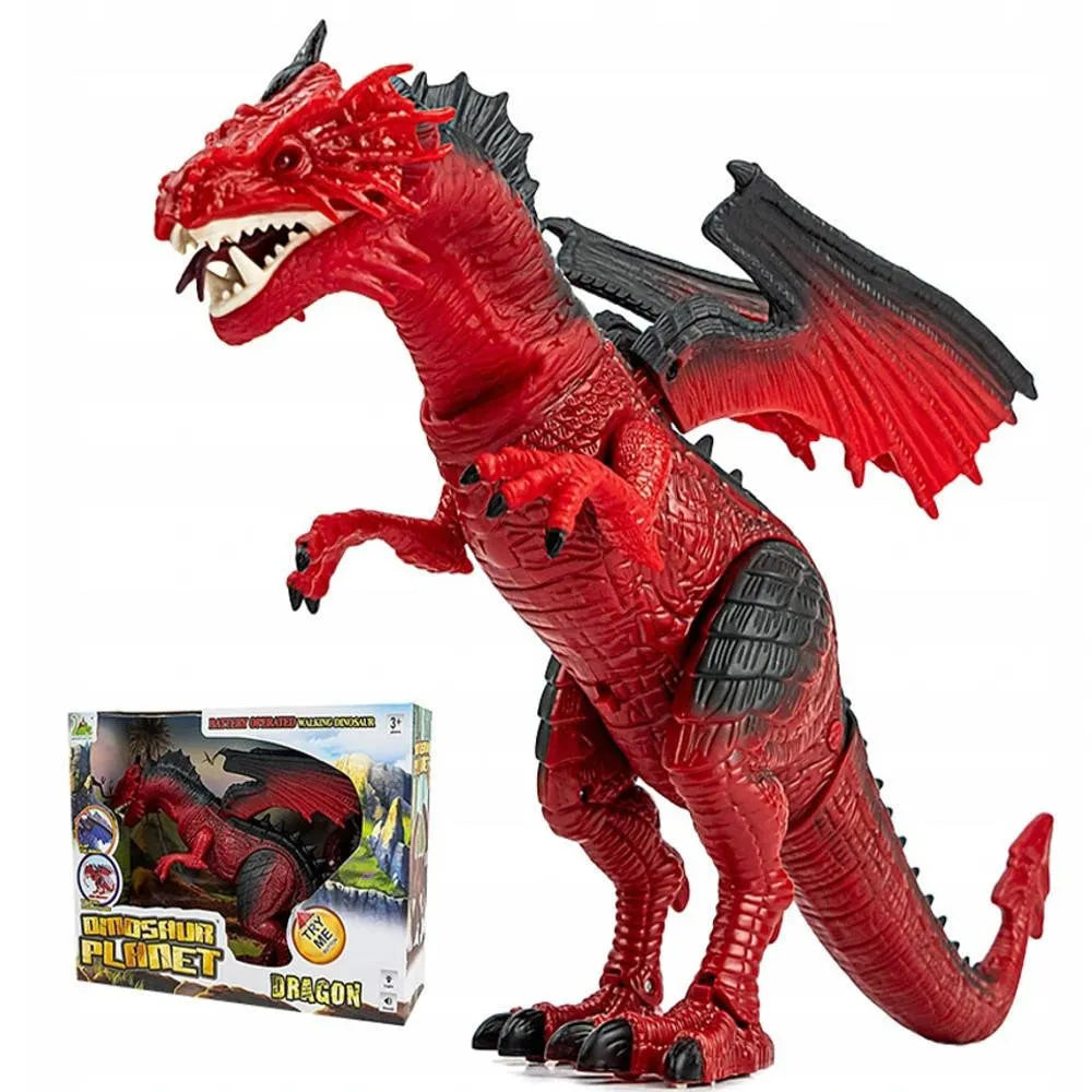 Didelis ugnimi spjaudantis drakonas dinozauras, valdomas pulteliu, riaumoja, vaikšto ir purškia garus