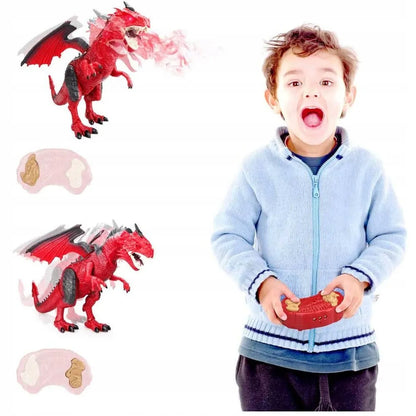 Didelis ugnimi spjaudantis drakonas dinozauras, valdomas pulteliu, riaumoja, vaikšto ir purškia garus