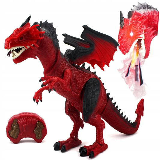 Didelis ugnimi spjaudantis drakonas dinozauras, valdomas pulteliu, riaumoja, vaikšto ir purškia garus