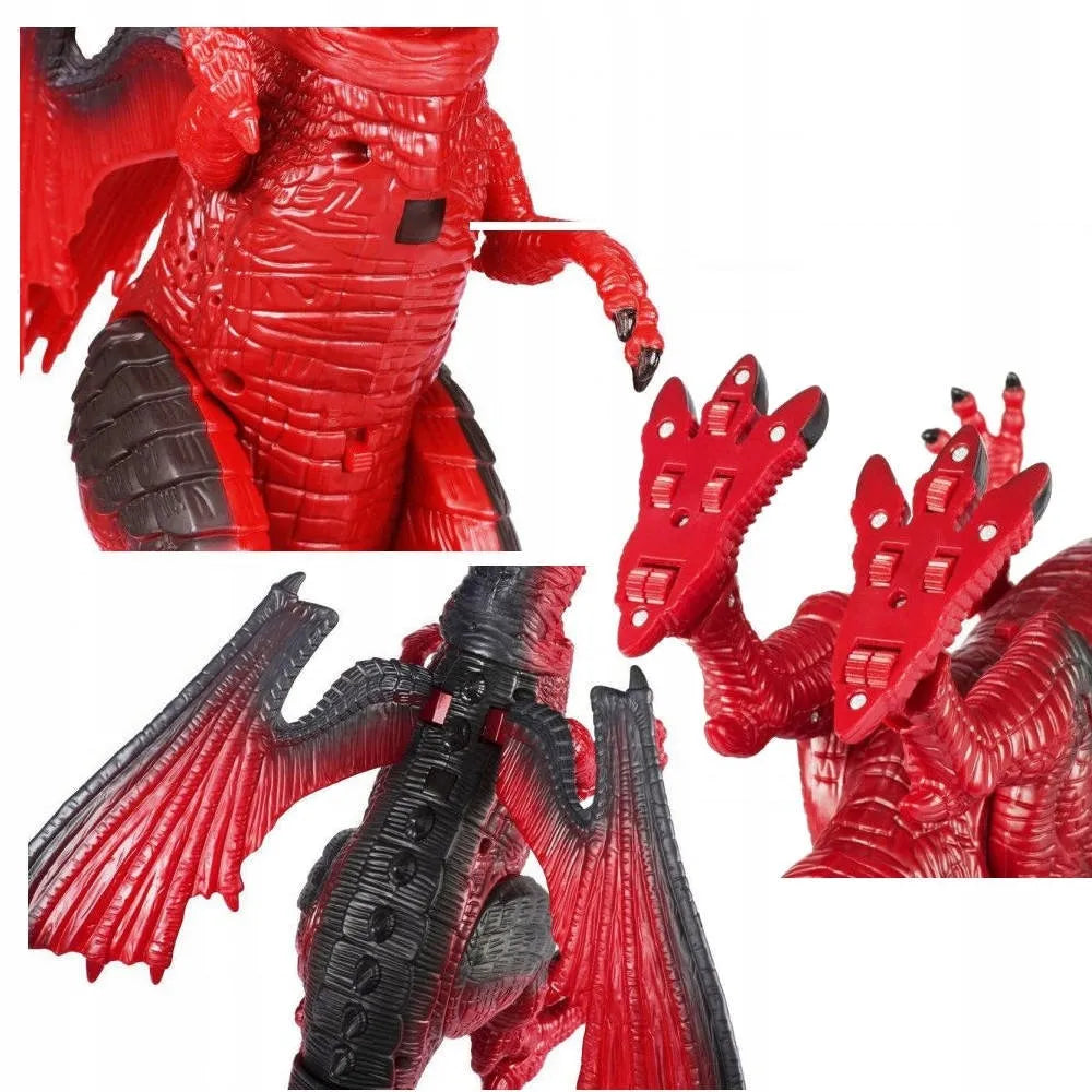 Didelis ugnimi spjaudantis drakonas dinozauras, valdomas pulteliu, riaumoja, vaikšto ir purškia garus