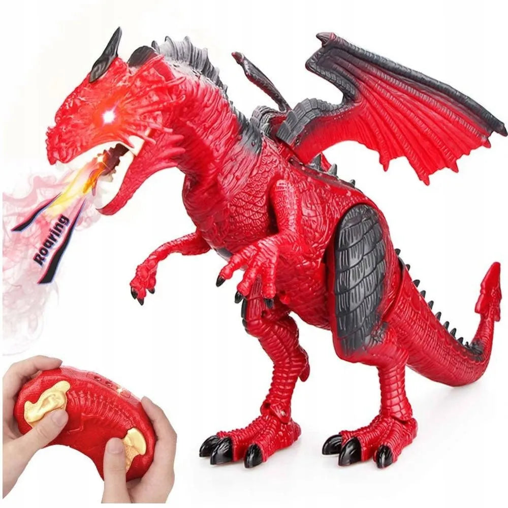Didelis ugnimi spjaudantis drakonas dinozauras, valdomas pulteliu, riaumoja, vaikšto ir purškia garus